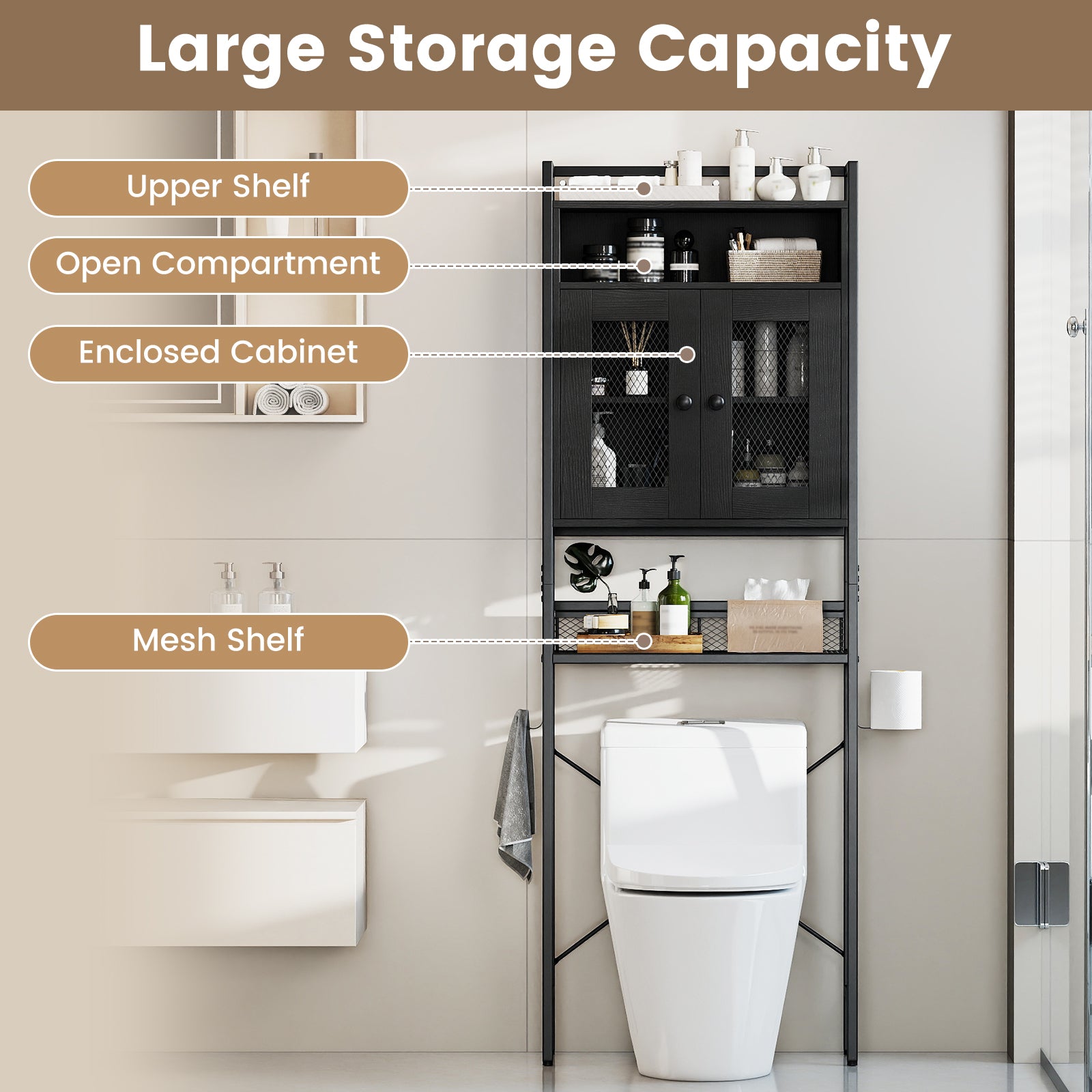 Over-The-Toilet Storage Cabinet with Heavy-Duty Metal Frame 2-door Freestanding-Black
