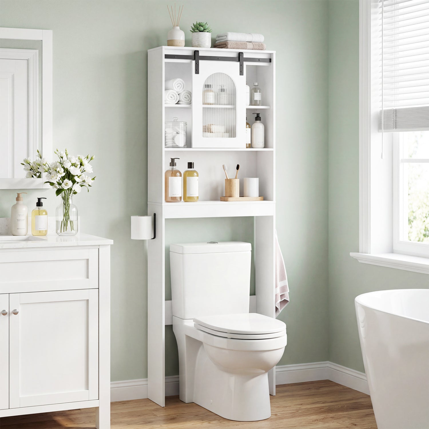 Over Toilet Storage Cabinet with Sliding Barn Door and Open Shelves for Bathroom-White