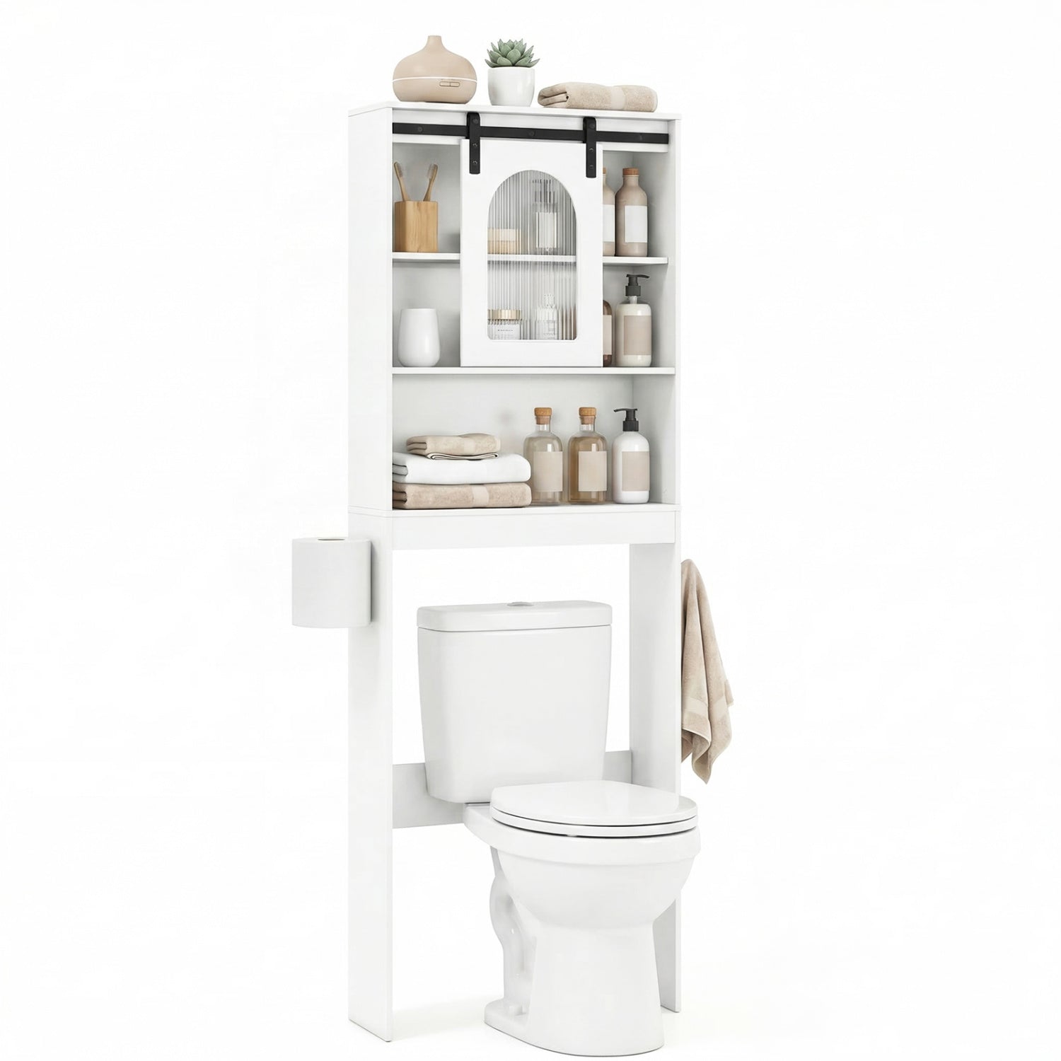 Over Toilet Storage Cabinet with Sliding Barn Door and Open Shelves for Bathroom-White