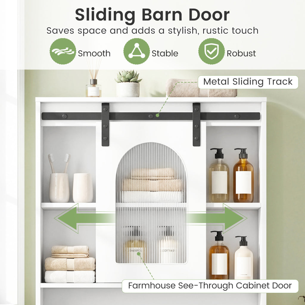 Over Toilet Storage Cabinet with Sliding Barn Door and Open Shelves for Bathroom-White