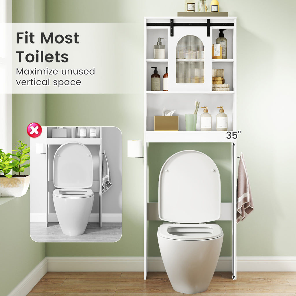 Over Toilet Storage Cabinet with Sliding Barn Door and Open Shelves for Bathroom-White