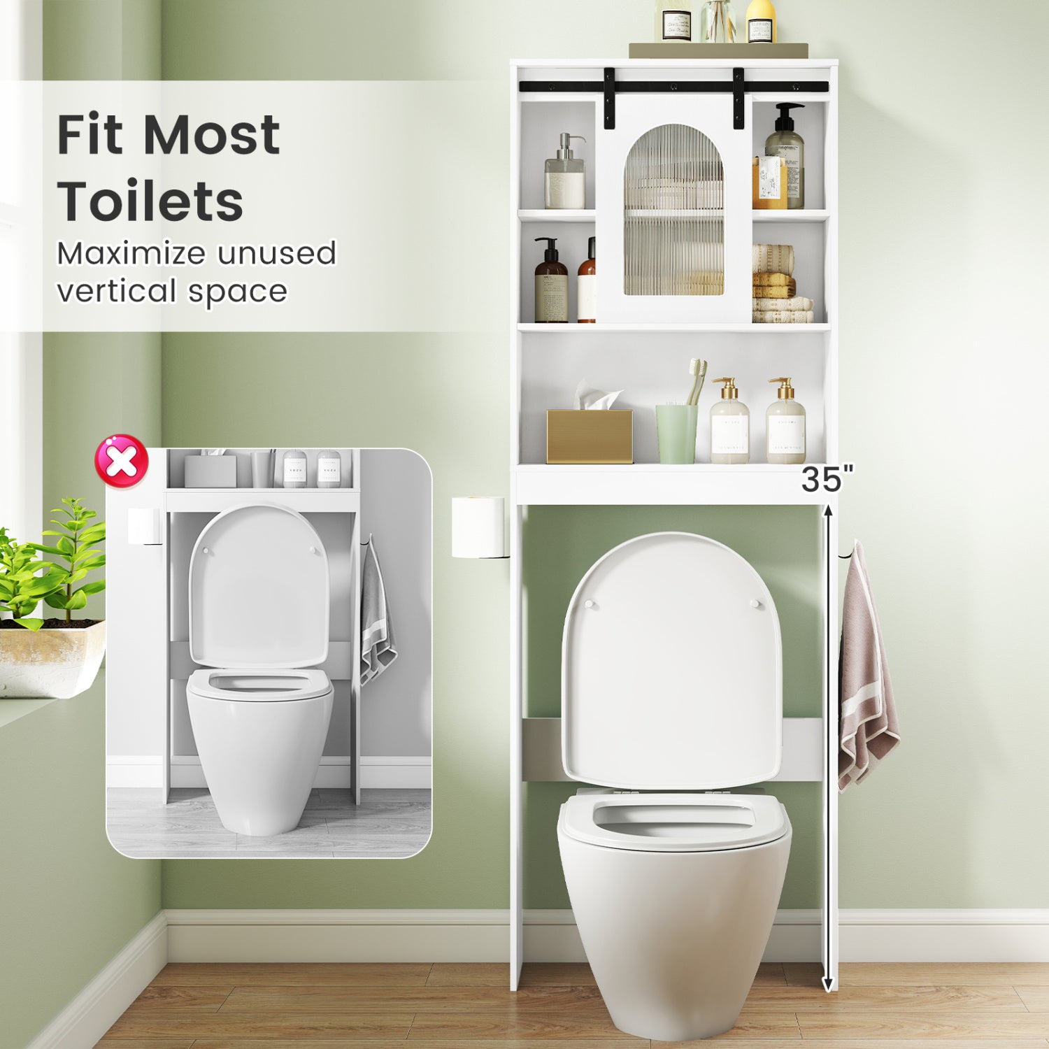 Over Toilet Storage Cabinet with Sliding Barn Door and Open Shelves for Bathroom-White