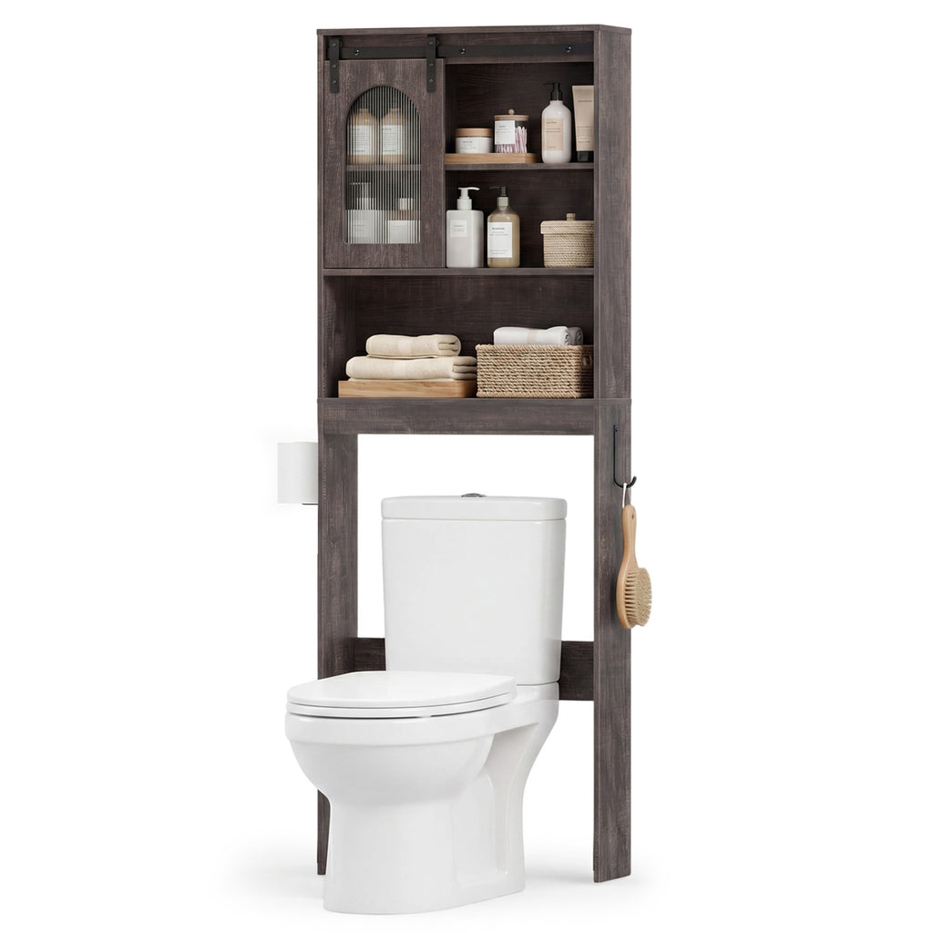 Over Toilet Storage Cabinet with Sliding Barn Door and Open Shelves for Bathroom-Oak