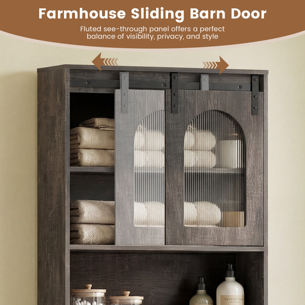 Over Toilet Storage Cabinet with Sliding Barn Door and Open Shelves for Bathroom-Oak