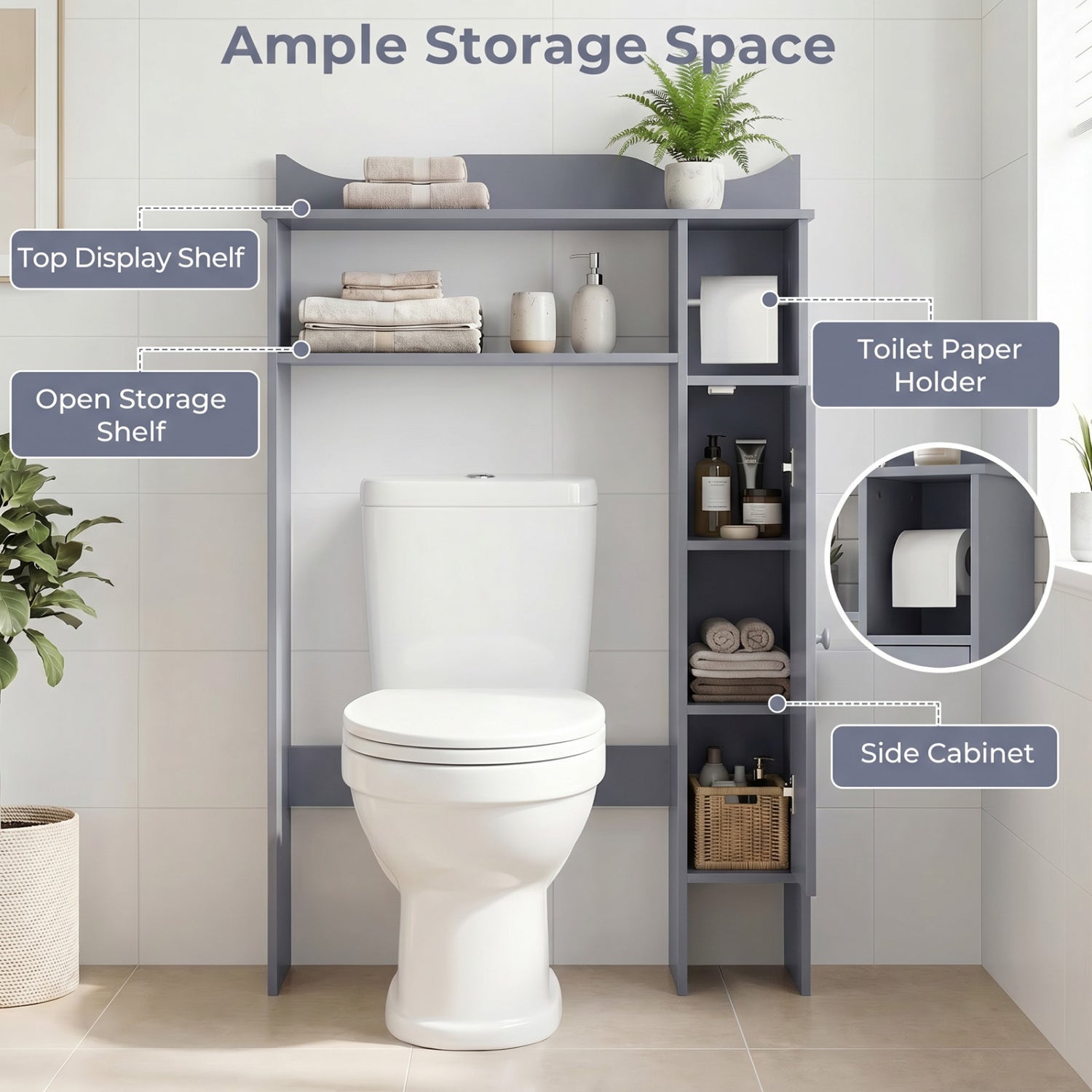 Over the Toilet Storage Cabinet with Toilet Paper Holder-Gray