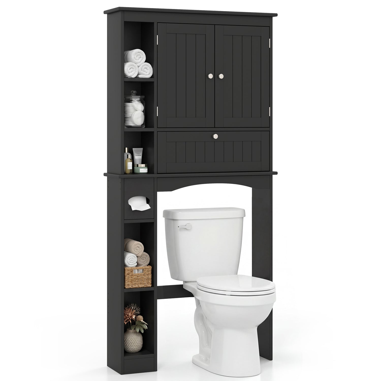 Over the Toilet Storage Cabinet with Adjustable Shelf and Bottom Bar-Black