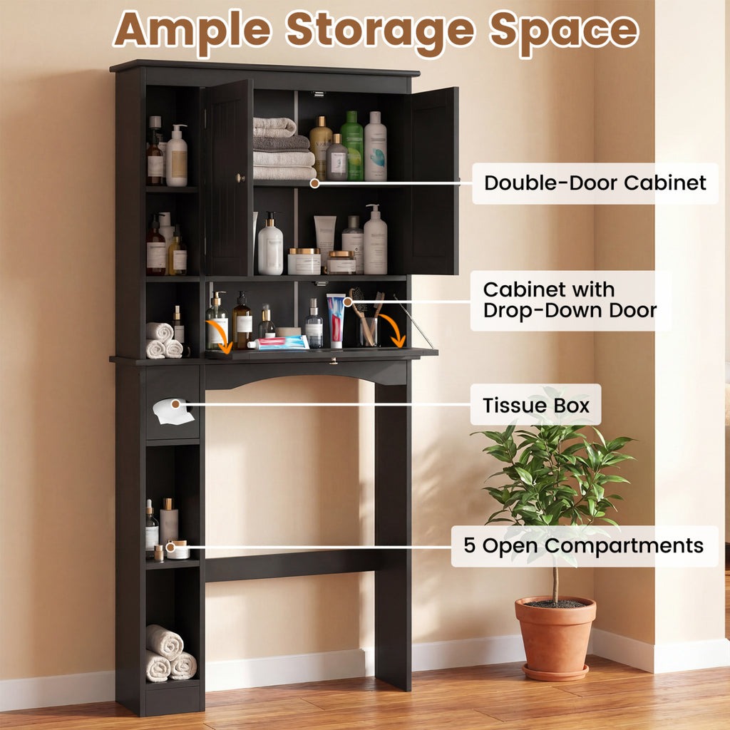 Over the Toilet Storage Cabinet with Adjustable Shelf and Bottom Bar-Black