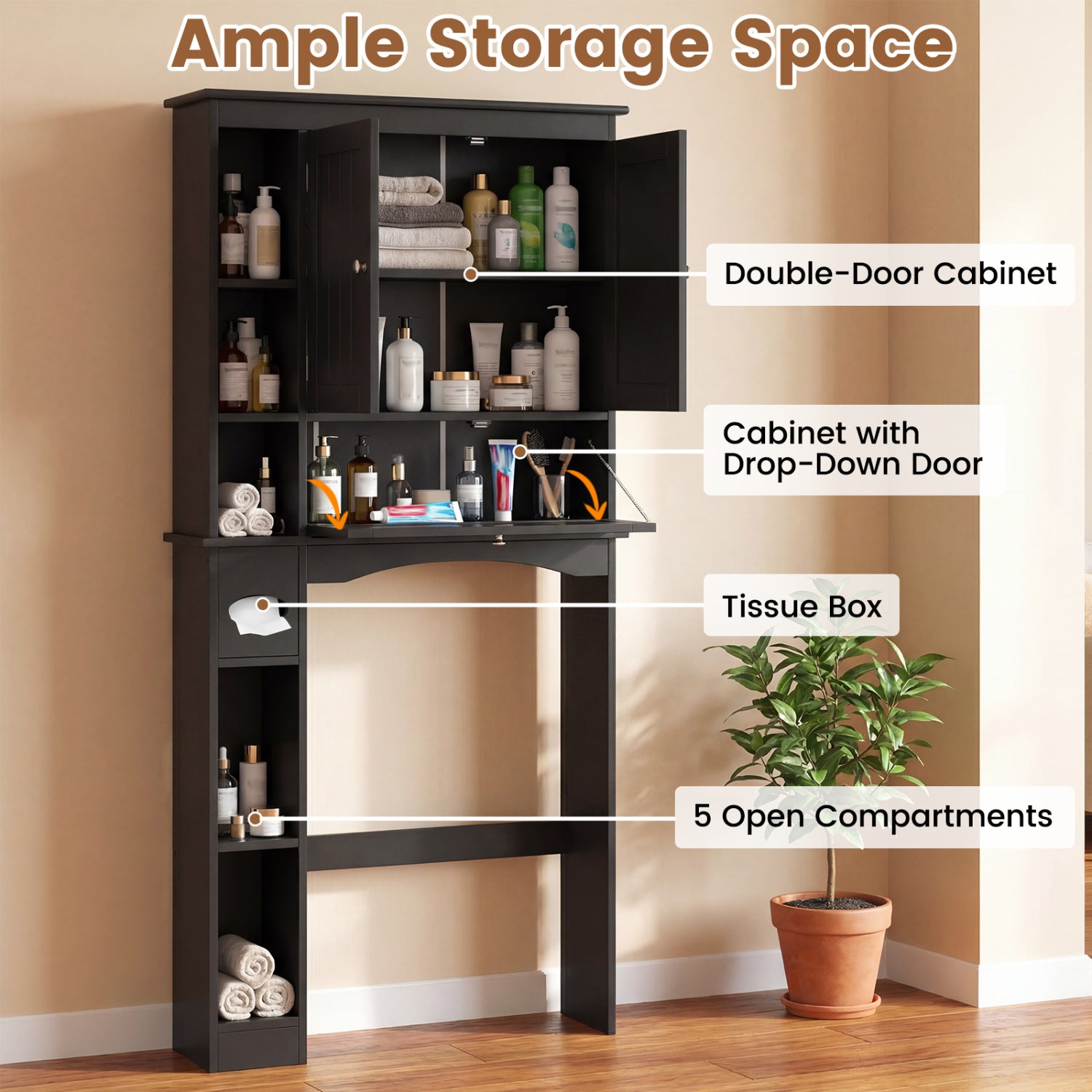 Over the Toilet Storage Cabinet with Adjustable Shelf and Bottom Bar-Black