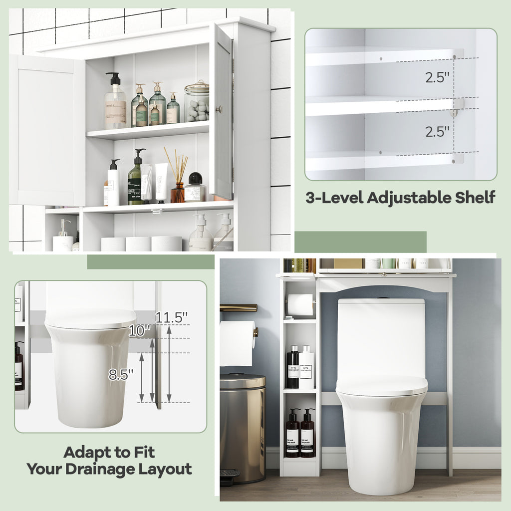 Over the Toilet Storage Cabinet with Adjustable Shelf and Bottom Bar-White
