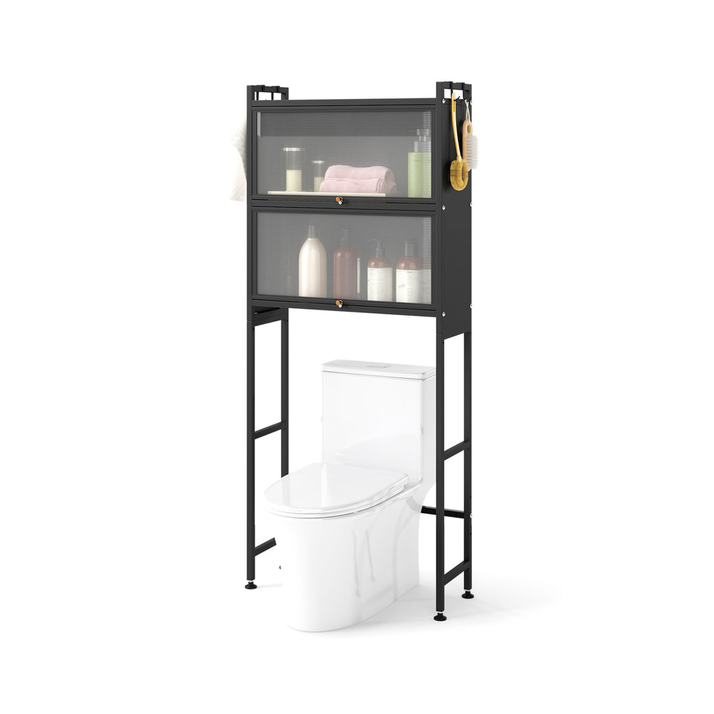 Over-the-toilet Cabinet Bathroom Organizer with 2 Flip-up Cabinets-Black
