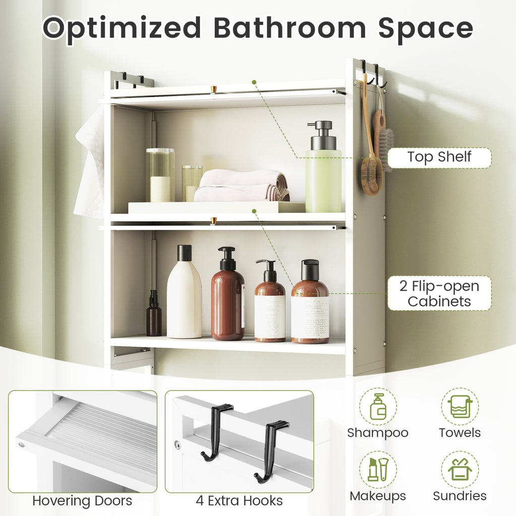 Over-the-toilet Cabinet Bathroom Organizer with 2 Flip-up Cabinets-White