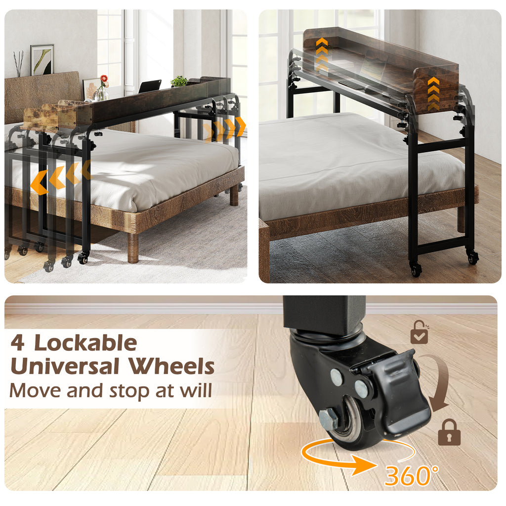 Overbed Desk with Wheels Queen Size Mobile Bed Desk with Adjustable Height-Brown