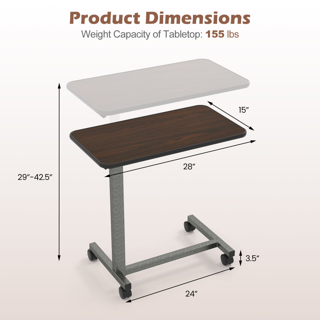 Overbed Table with Lockable Rolling Wheels and Sturdy H-Shaped Base for Hospital and Home Use-Walnut