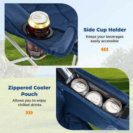 Oversized Camping Chairs Outdoor Folding Chair with Cooler Pouch and Cup Holder-Navy
