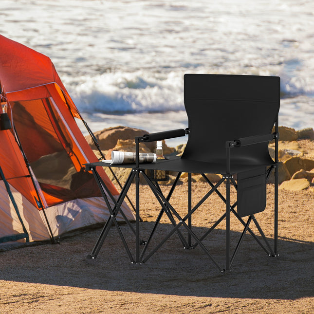 Oversized Camping Chair with Side Table and 2 Storage Pockets-Black