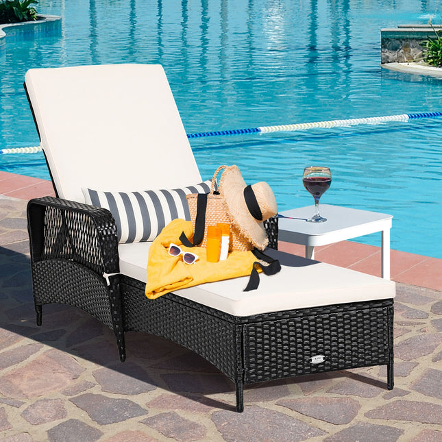 PE Rattan Armrest Chaise Lounge Chair with Adjustable Pillow-Off White