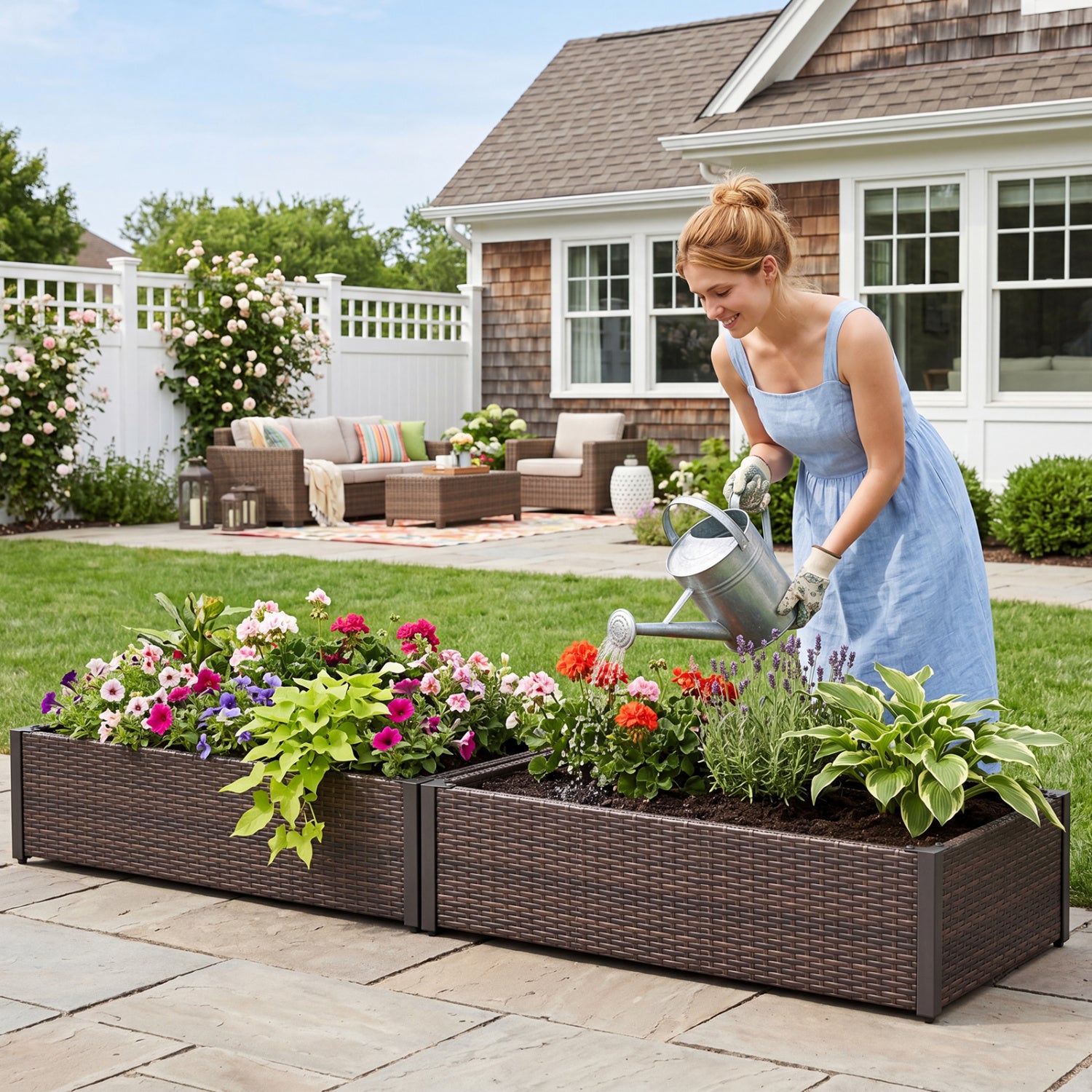 PE Rattan Elevated Raised Garden Bed with Open-Ended Base-Brown