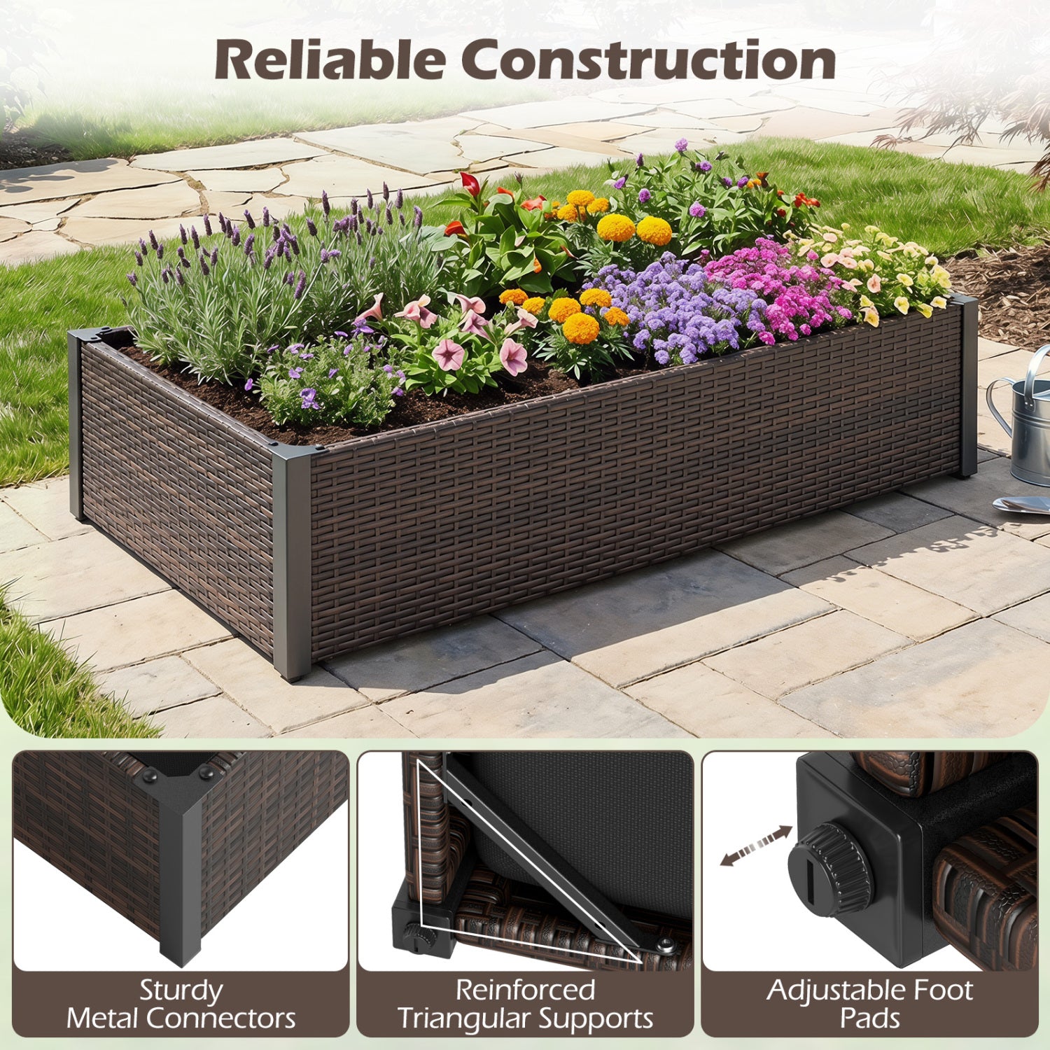 PE Rattan Elevated Raised Garden Bed with Open-Ended Base-Brown