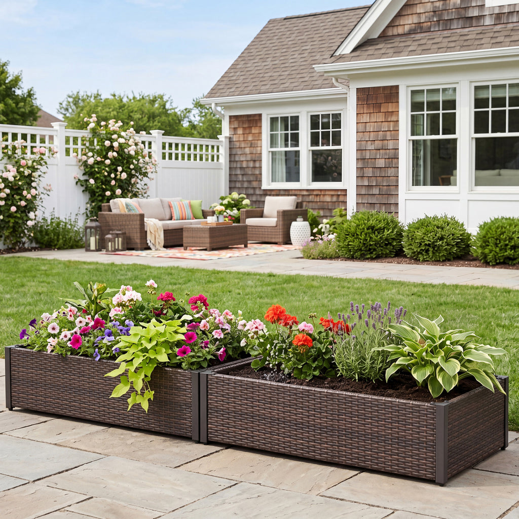 Jardinière surélevée en rotin PE avec base ouverte – Marron