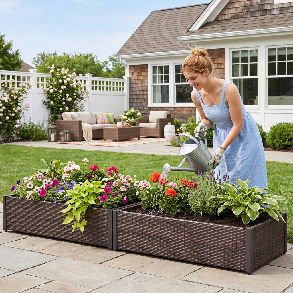 Jardinière surélevée en rotin PE avec base ouverte – Marron