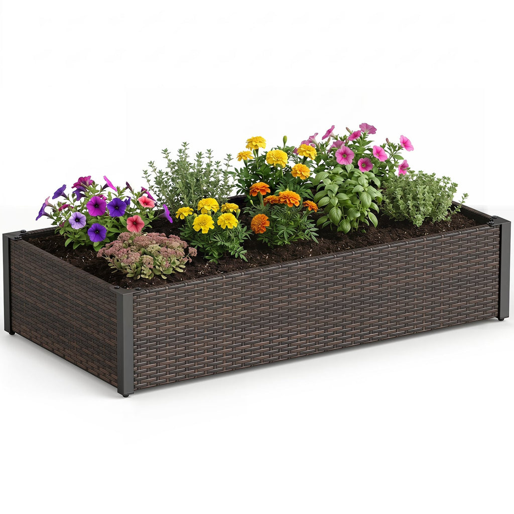 Jardinière surélevée en rotin PE avec base ouverte – Marron