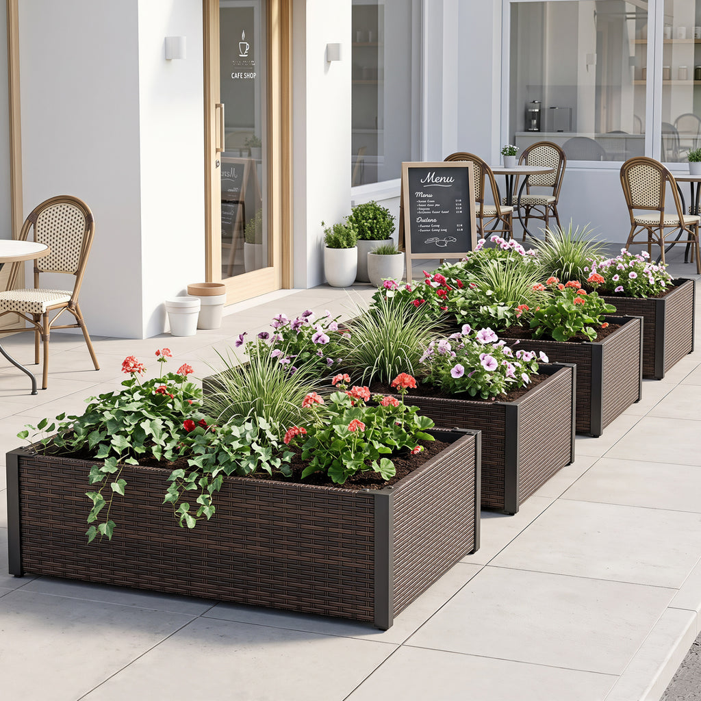 Jardinière surélevée en rotin PE avec base ouverte – Marron