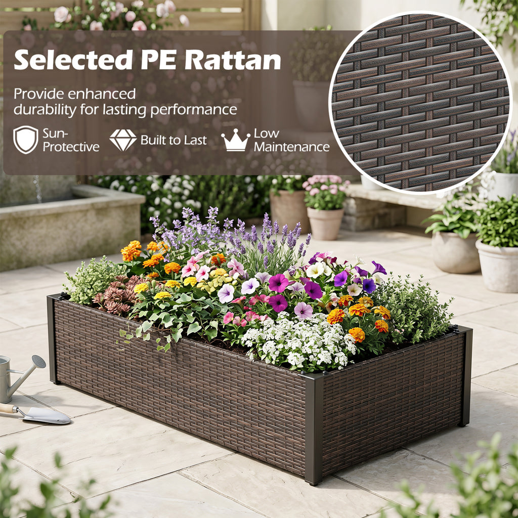 Jardinière surélevée en rotin PE avec base ouverte – Marron