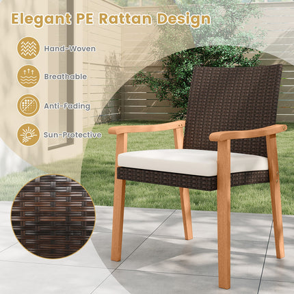 PE Rattan Outdoor Patio Dining Chair Set of 4 with Removable Cushion and Acacia Wood Armrests-White