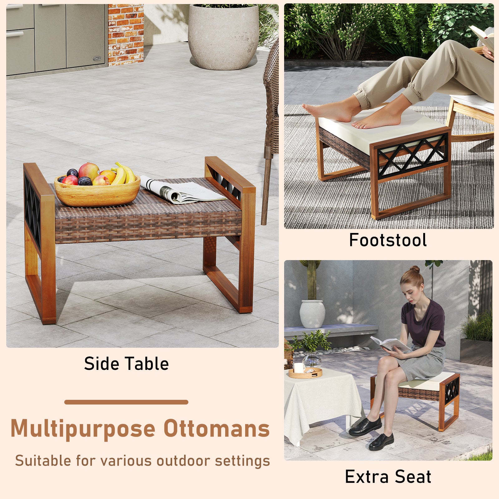 PE Rattan Wicker Ottomans Set of 2 with Removable Cushions-Beige