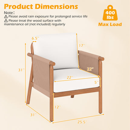 Patio Acacia Wood Chair Set of 2 with Woven Rope Armrests and Seat Back Cushions for Backyard-White