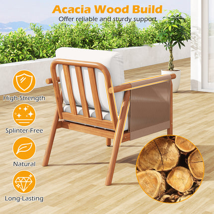 Patio Acacia Wood Chair Set of 2 with Woven Rope Armrests and Seat Back Cushions for Backyard-White