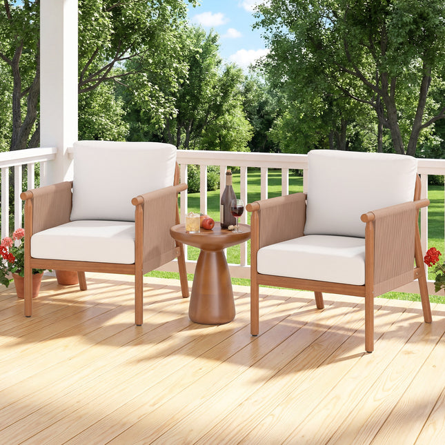 Patio Acacia Wood Chair Set of 4 with Woven Rope Armrests and Seat Back Cushions for Backyard-White