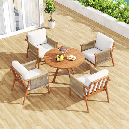 Patio Acacia Wood Chair with Woven Rope Armrests and Seat Back Cushions for Backyard-White