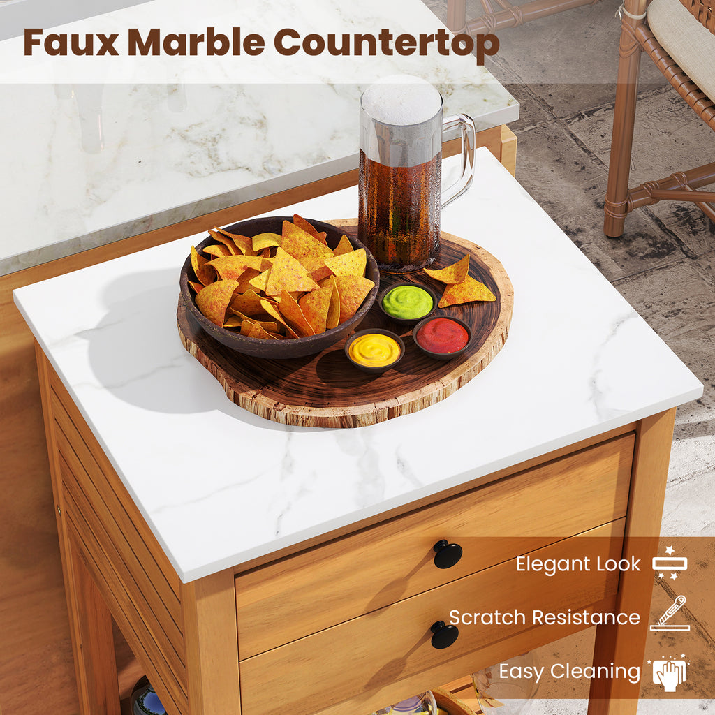 Patio Acacia Wood Storage Cabinet Patio Buffet Cabinet Bar Table with Faux Marble Countertop