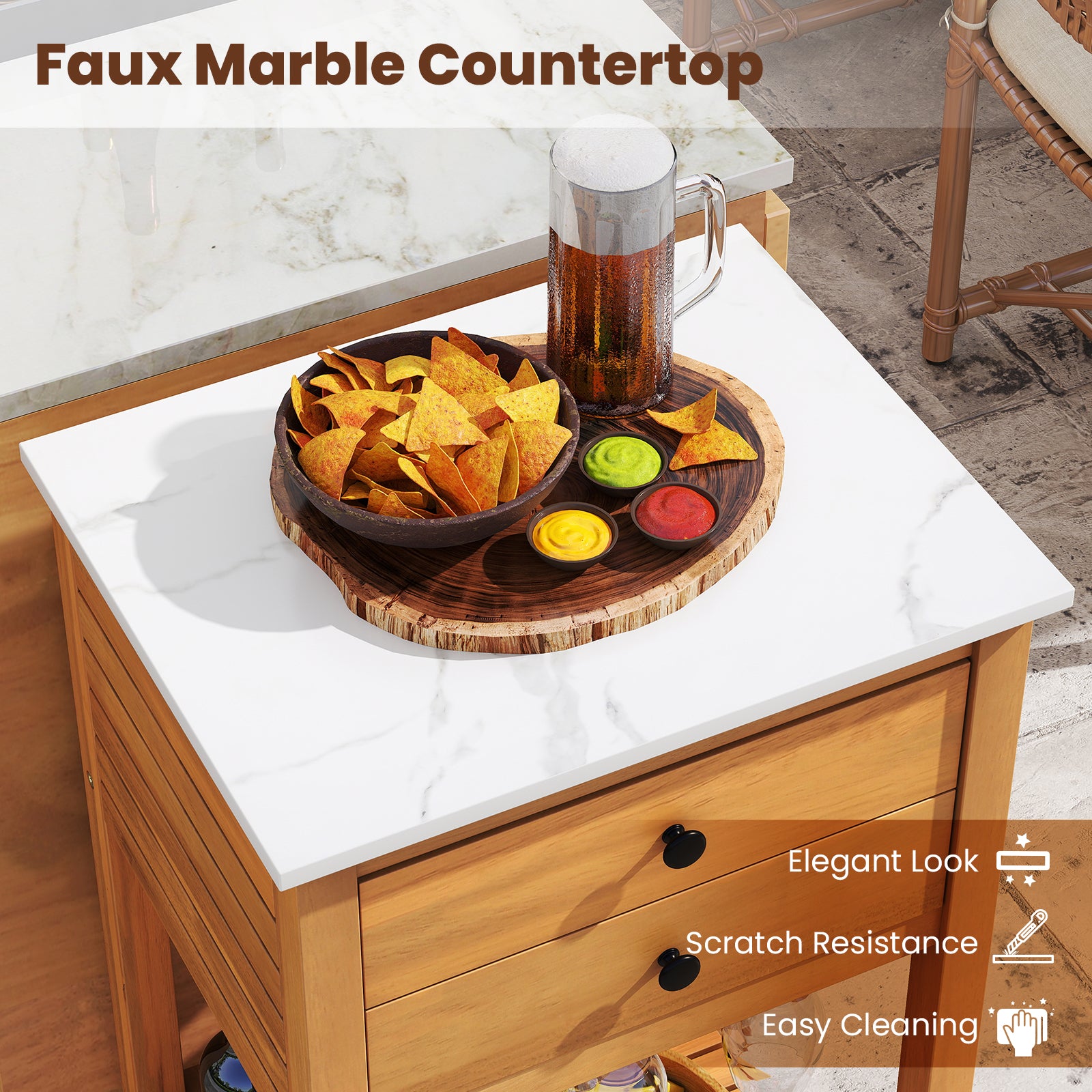 Patio Acacia Wood Storage Cabinet Patio Buffet Cabinet Bar Table with Faux Marble Countertop