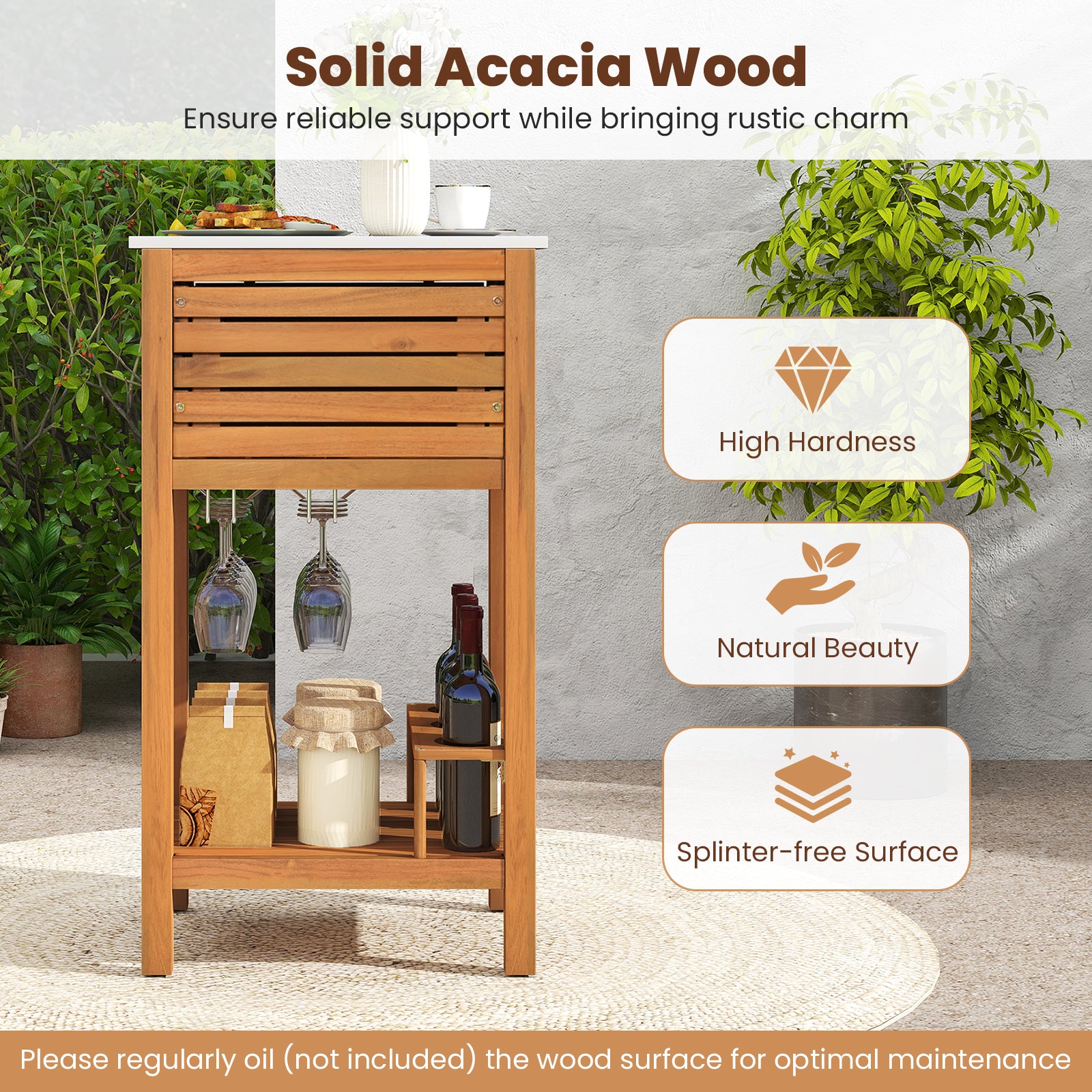 Patio Acacia Wood Storage Cabinet Patio Buffet Cabinet Bar Table with Faux Marble Countertop