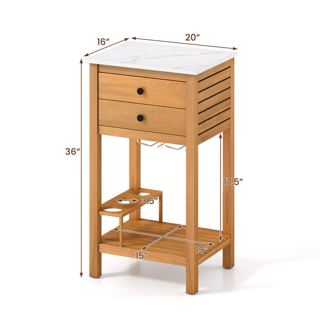 Patio Acacia Wood Storage Cabinet Patio Buffet Cabinet Bar Table with Faux Marble Countertop