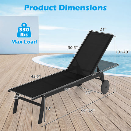 Patio Chaise Lounge Chair with Wheels and 6-Level Adjustable Backrest Set of 2