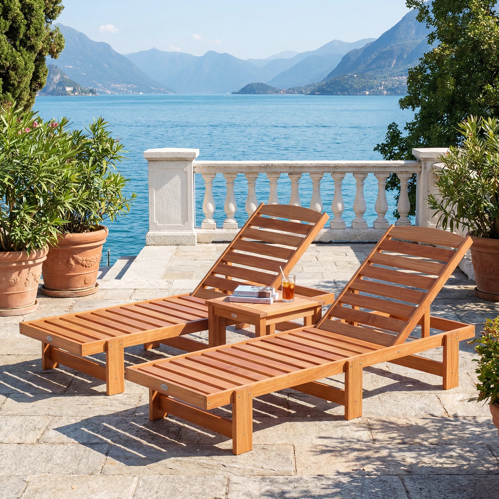 Patio Chaise Lounge Chair Solid Wood Slatted Recliner with Adjustable Backrest-Set of 2