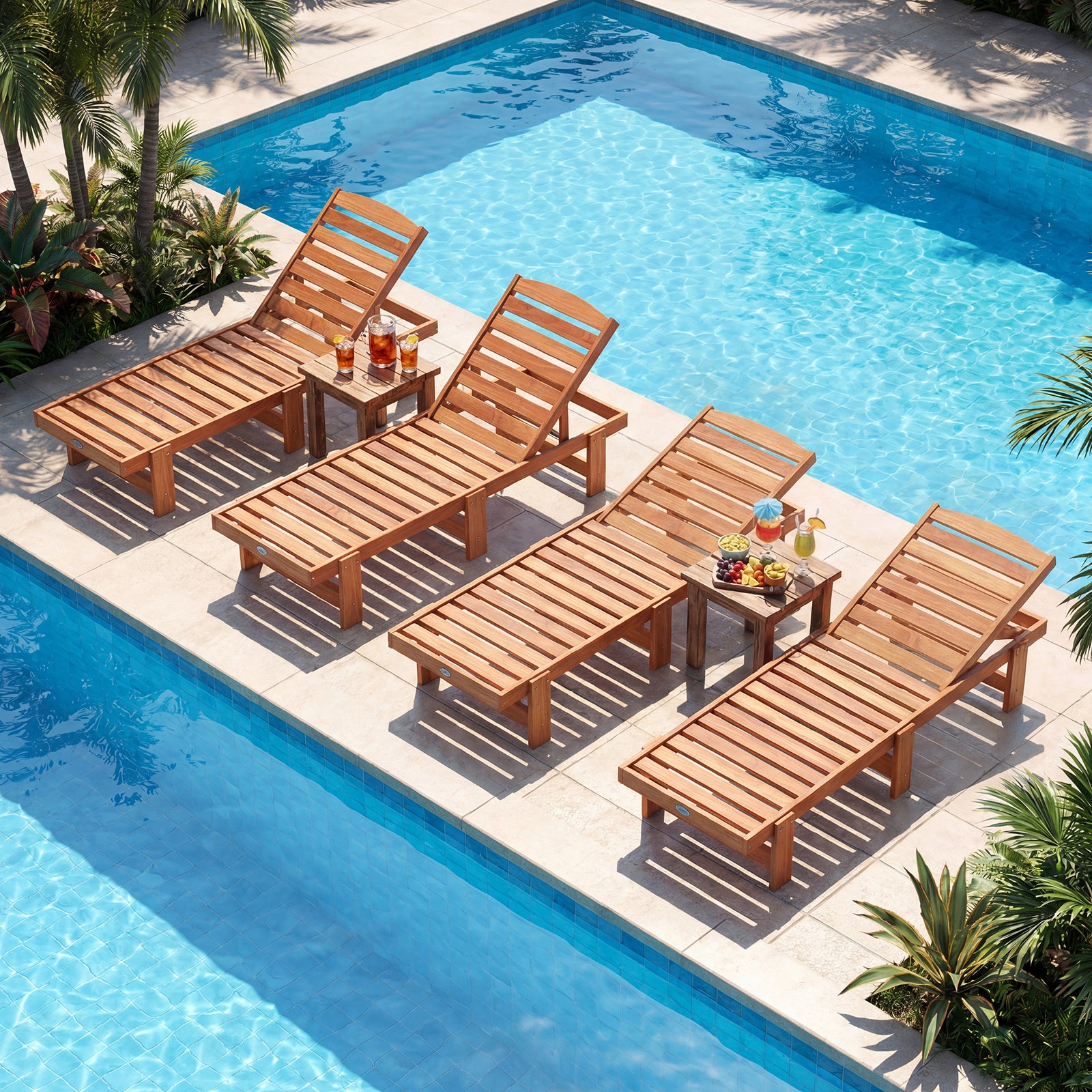 Patio Chaise Lounge Chair Solid Wood Slatted Recliner with Adjustable Backrest-Set of 2