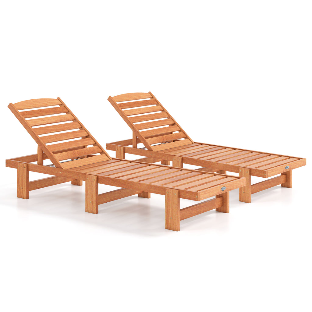 Patio Chaise Lounge Chair Solid Wood Slatted Recliner with Adjustable Backrest-Set of 2