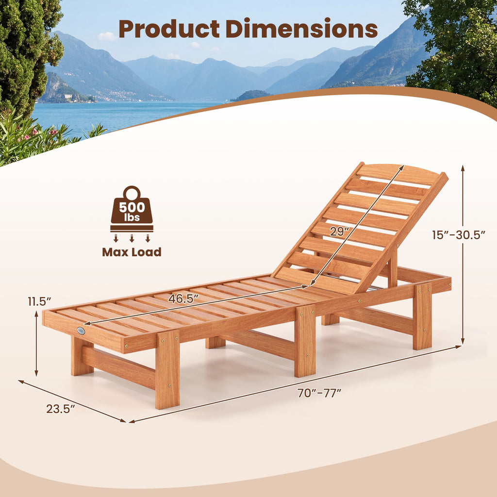 Patio Chaise Lounge Chair Solid Wood Slatted Recliner with Adjustable Backrest-Set of 2