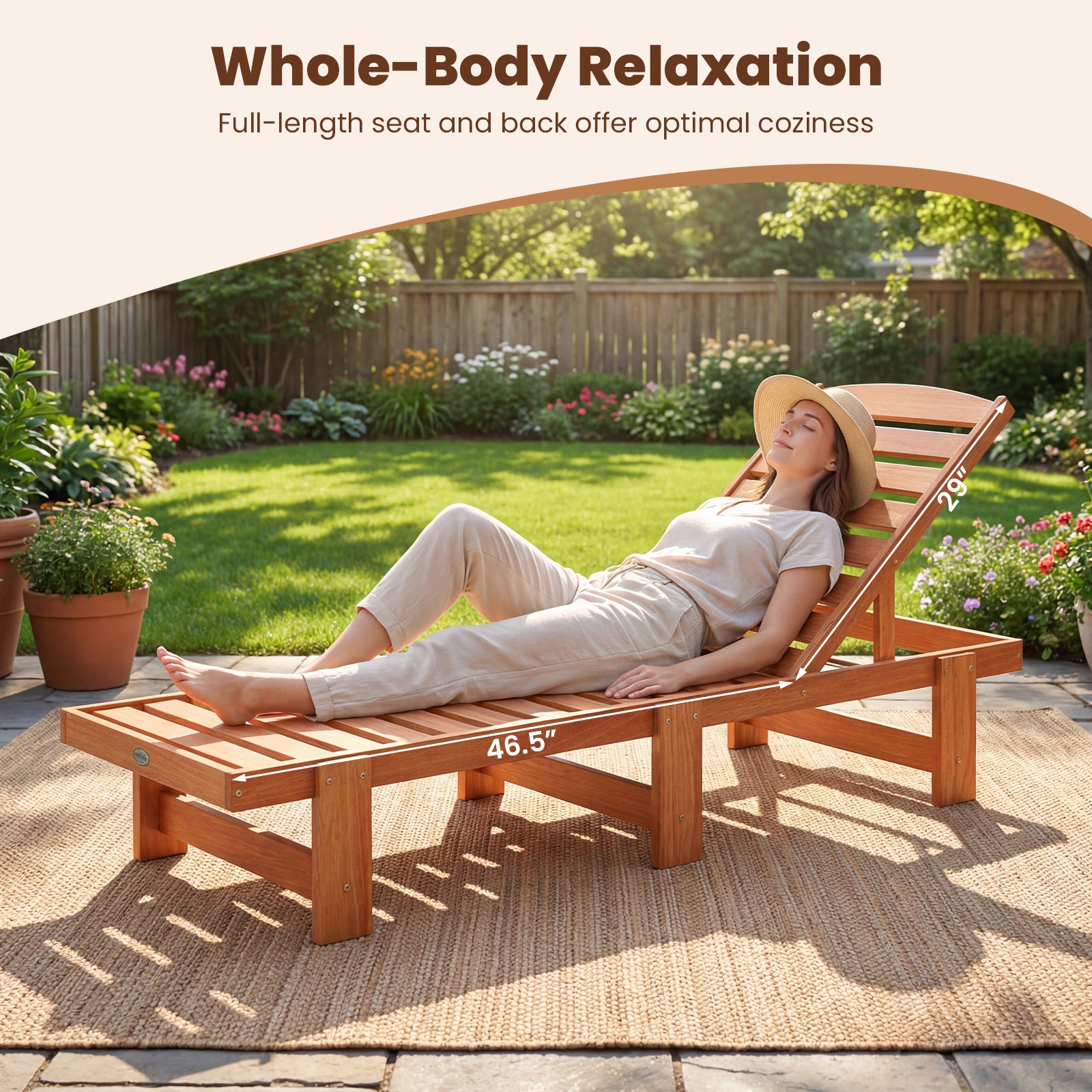 Patio Chaise Lounge Chair Solid Wood Slatted Recliner with Adjustable Backrest-Set of 2