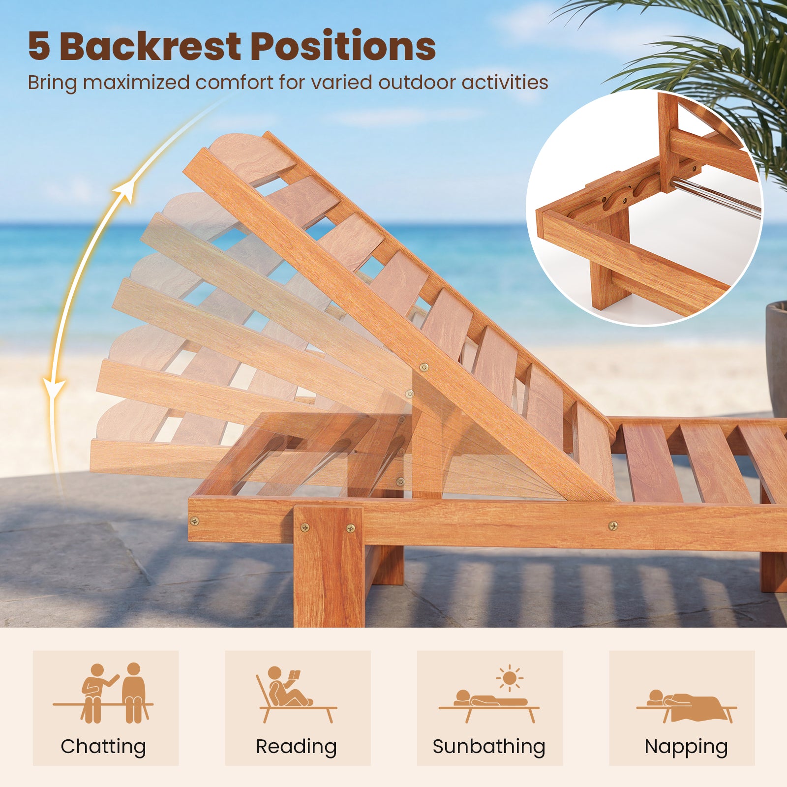 Patio Chaise Lounge Chair Solid Wood Slatted Recliner with Adjustable Backrest-Set of 2