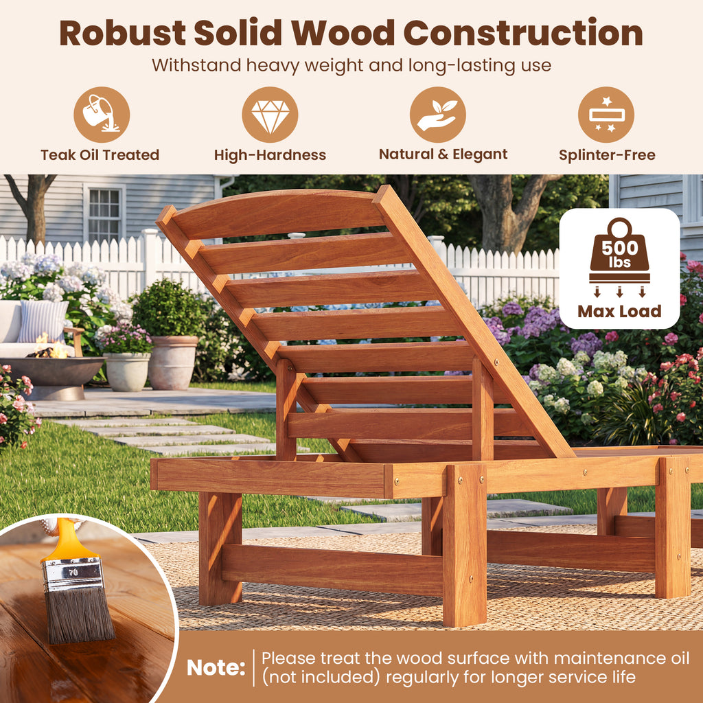 Patio Chaise Lounge Chair Solid Wood Slatted Recliner with Adjustable Backrest-Set of 2