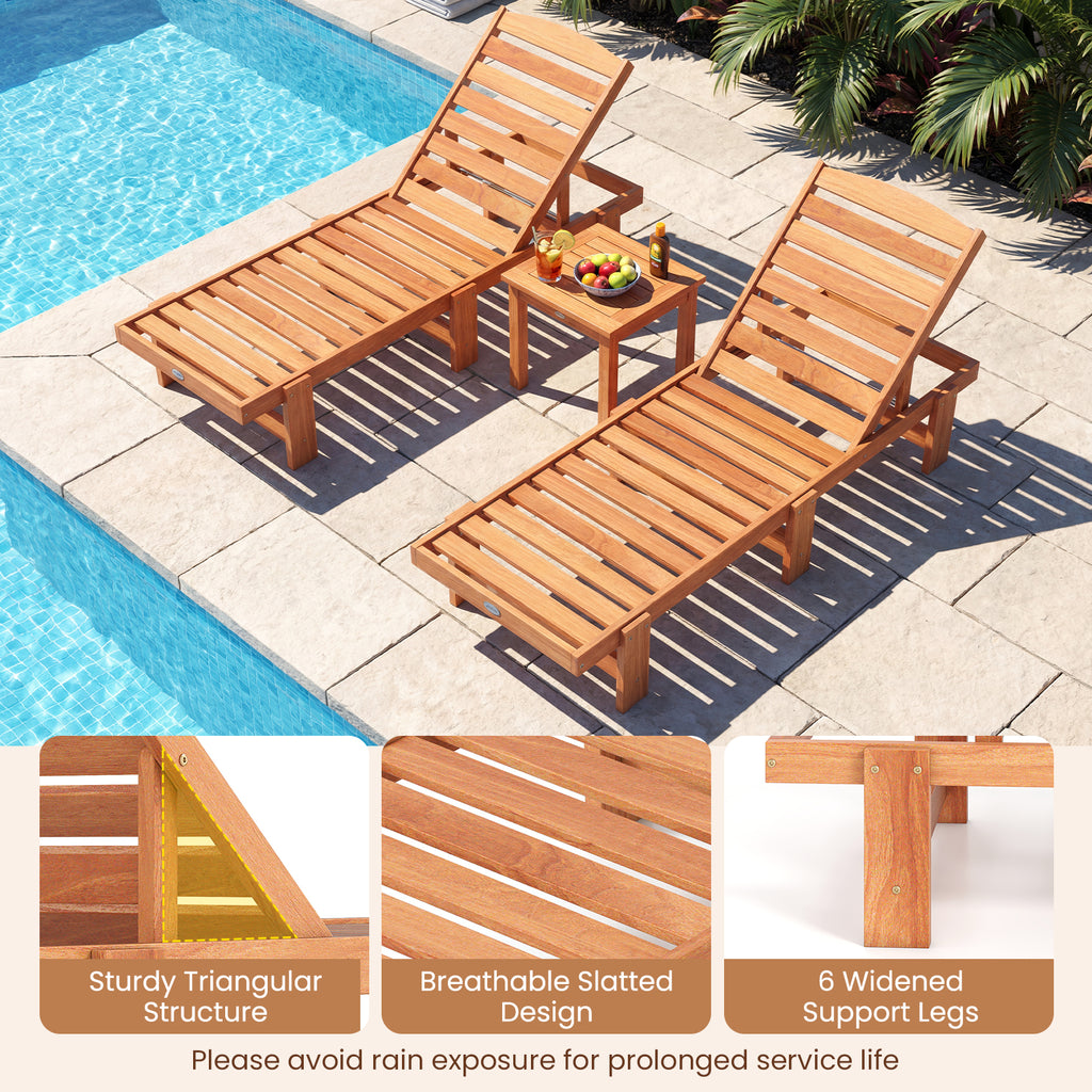 Patio Chaise Lounge Chair Solid Wood Slatted Recliner with Adjustable Backrest-Set of 2