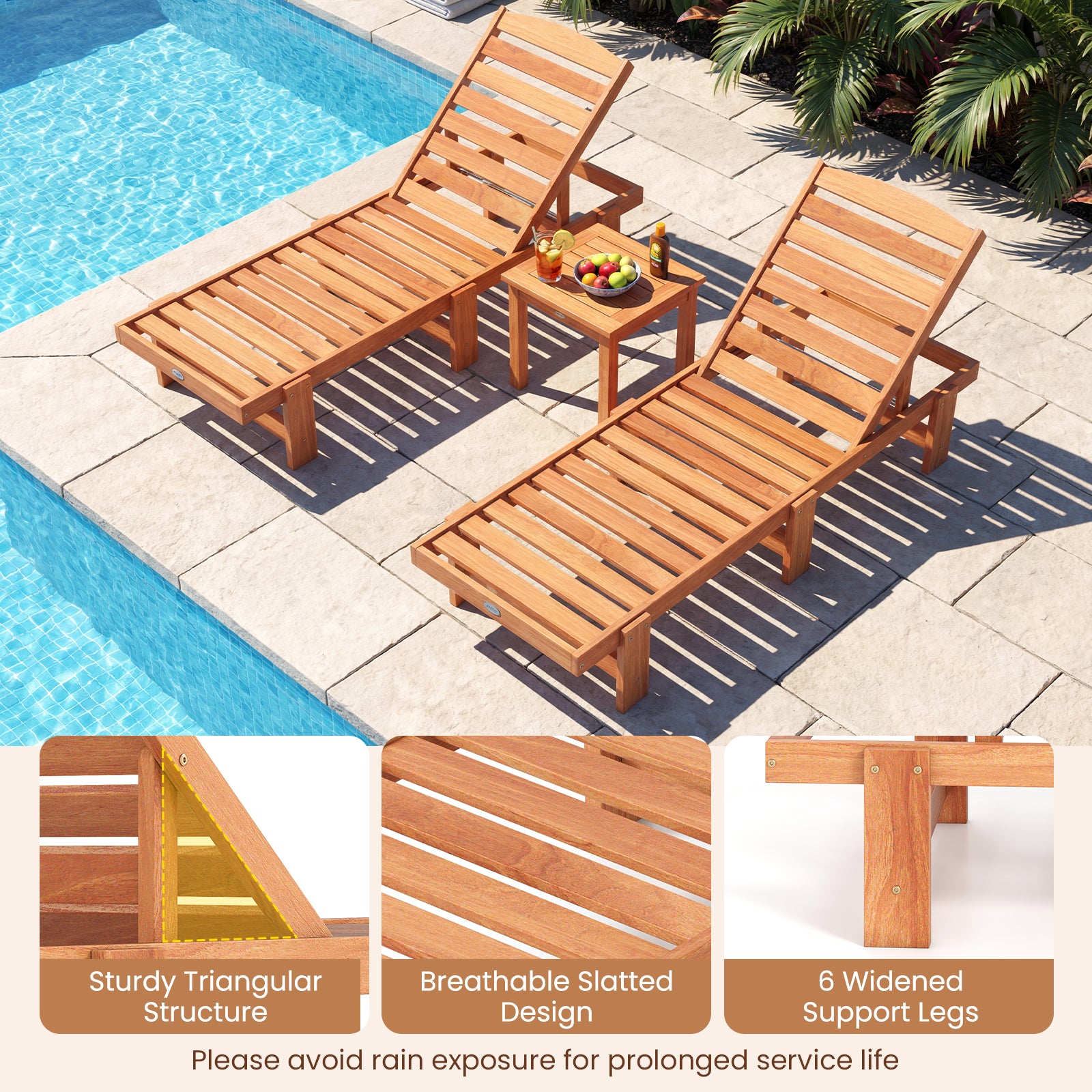 Patio Chaise Lounge Chair Solid Wood Slatted Recliner with Adjustable Backrest-Set of 2