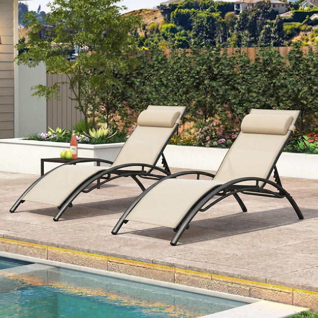 Patio Chaise Lounges Set of 2 Outdoor Recliner with 5-Position Backrest-Beige