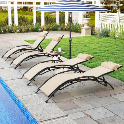 Patio Chaise Lounges Set of 2 Outdoor Recliner with 5-Position Backrest-Beige