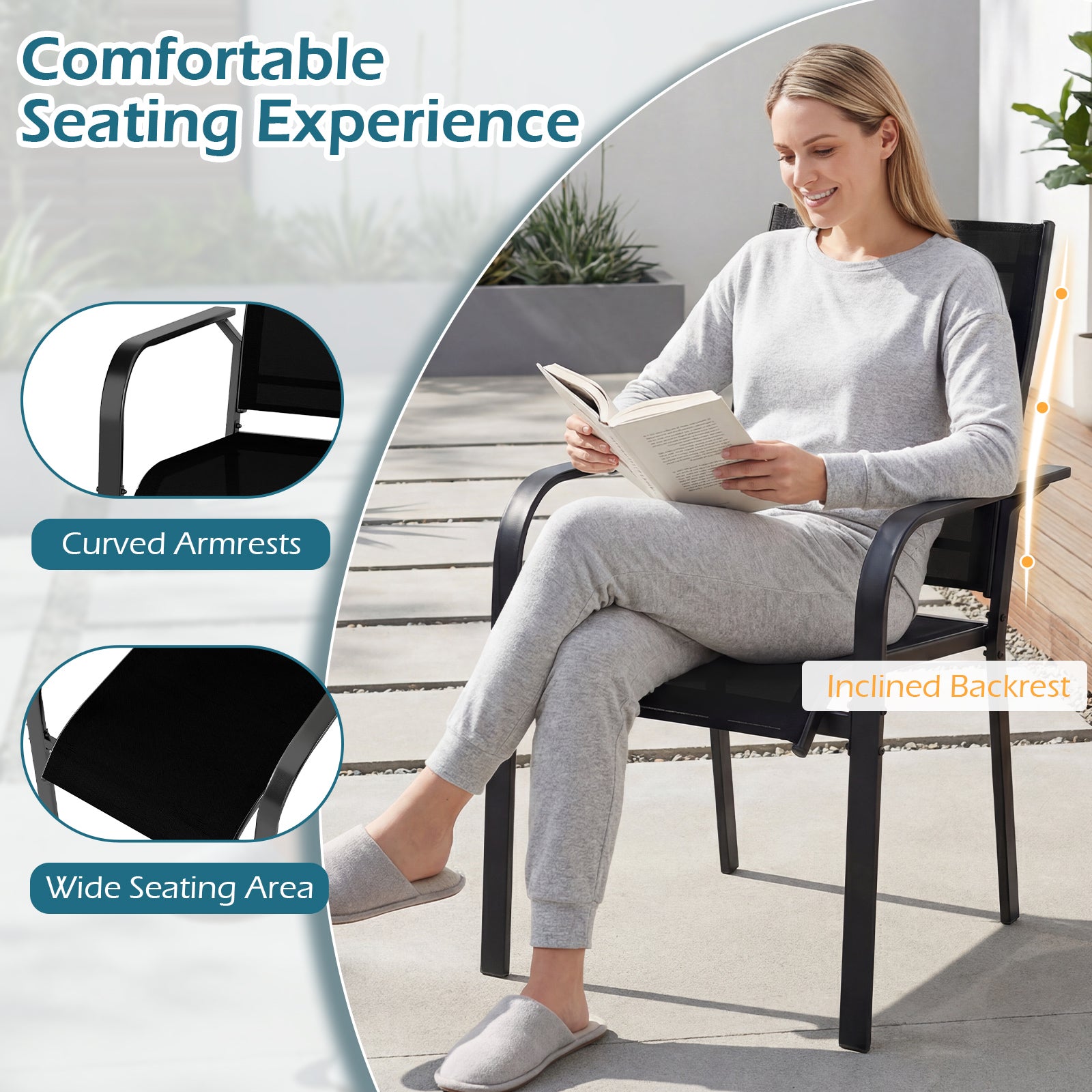 Patio Dining Chairs Set of 2/4/6 Stackable Outdoor Armchairs with Metal Frame-Set of 2